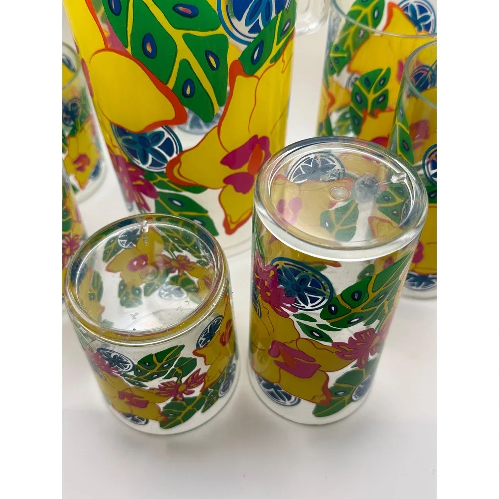 Vtg Tropical Floral Acrylic Pitcher and 6 Tumbler Set Multicolor Summer Retro
